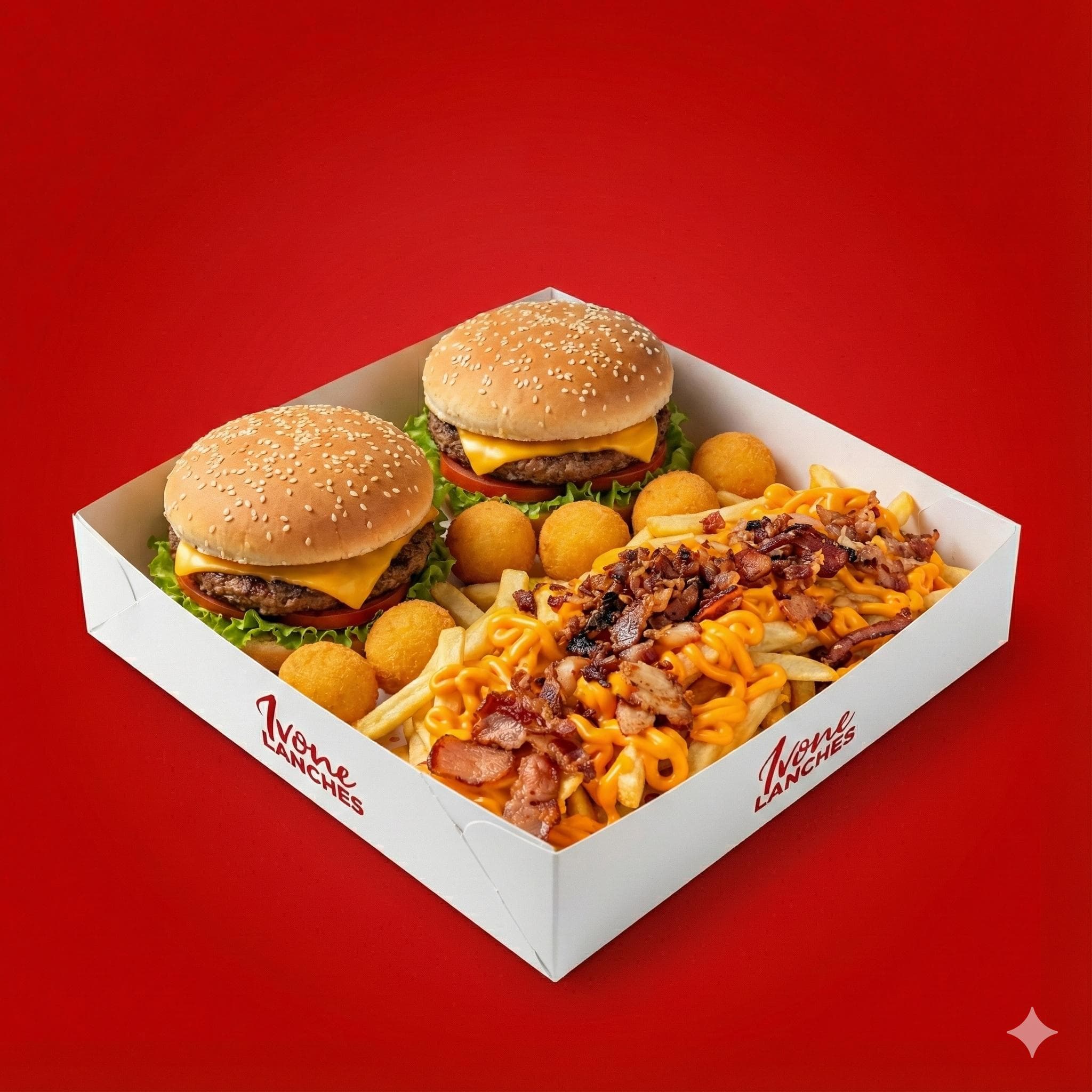 Dois hambúrgueres e batatas fritas.